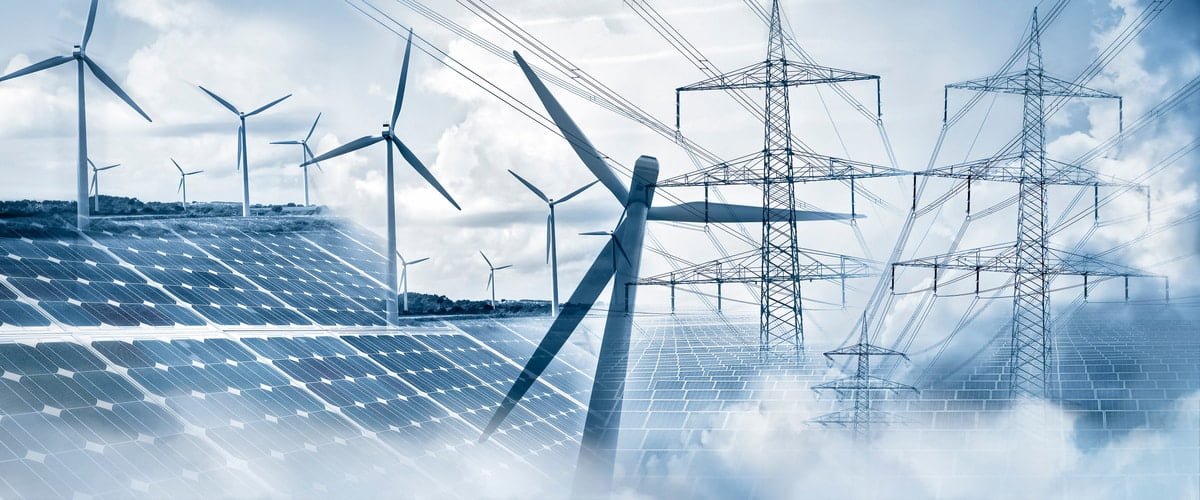 Windmolens, zonnepanelen en elektriciteitskabels