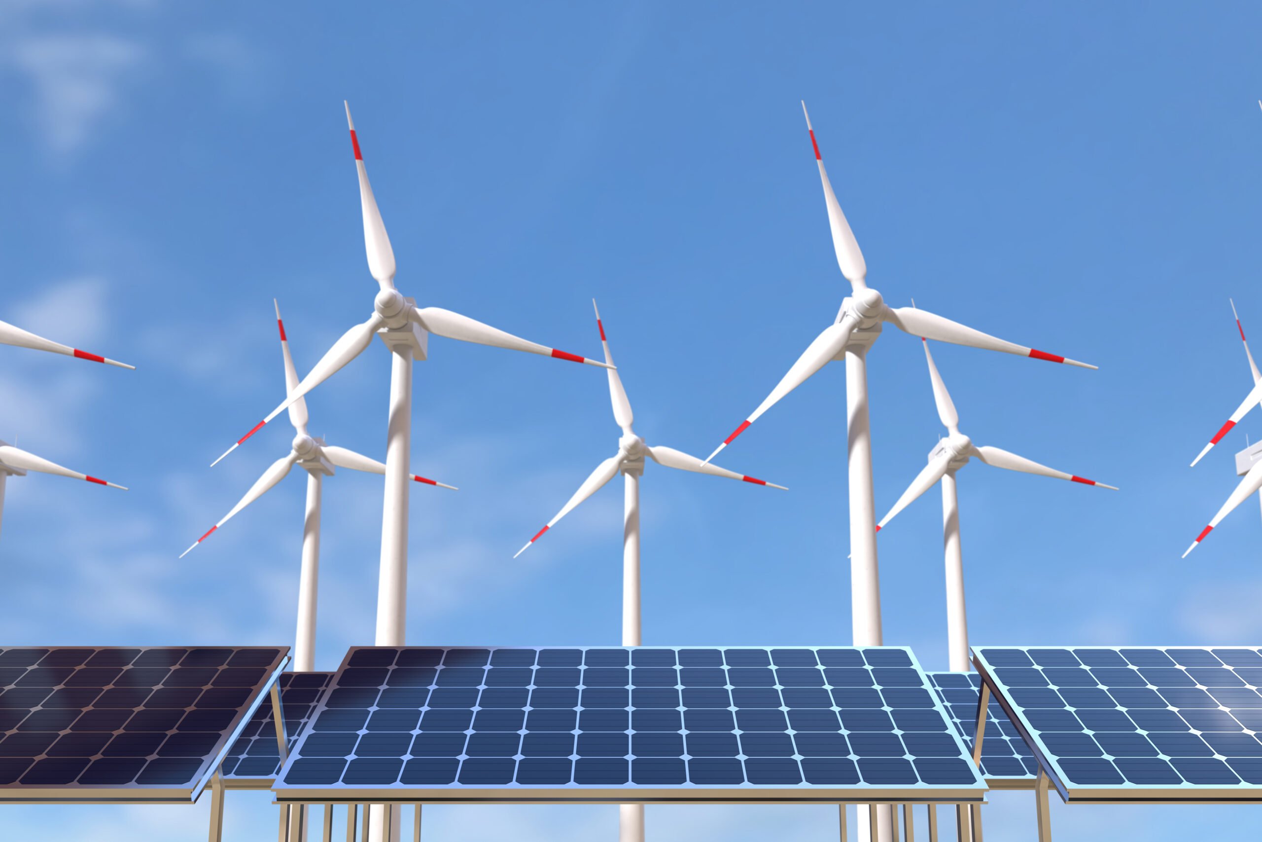 Solar panels and wind turbines, Green energy concept Stappen zetten in energietransitie